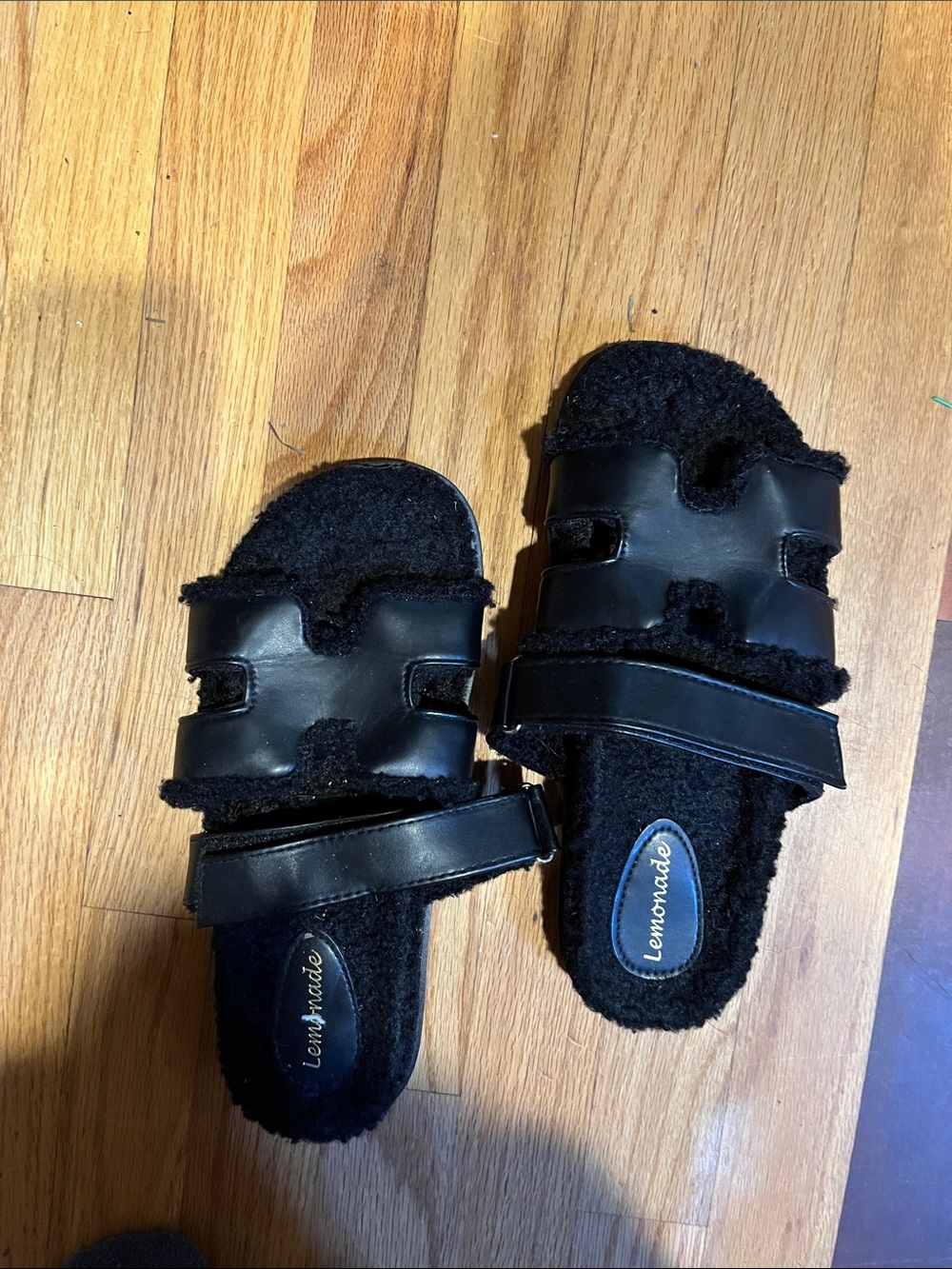 Lemon Black Fuzzy Strap Slide Sandals for Kids